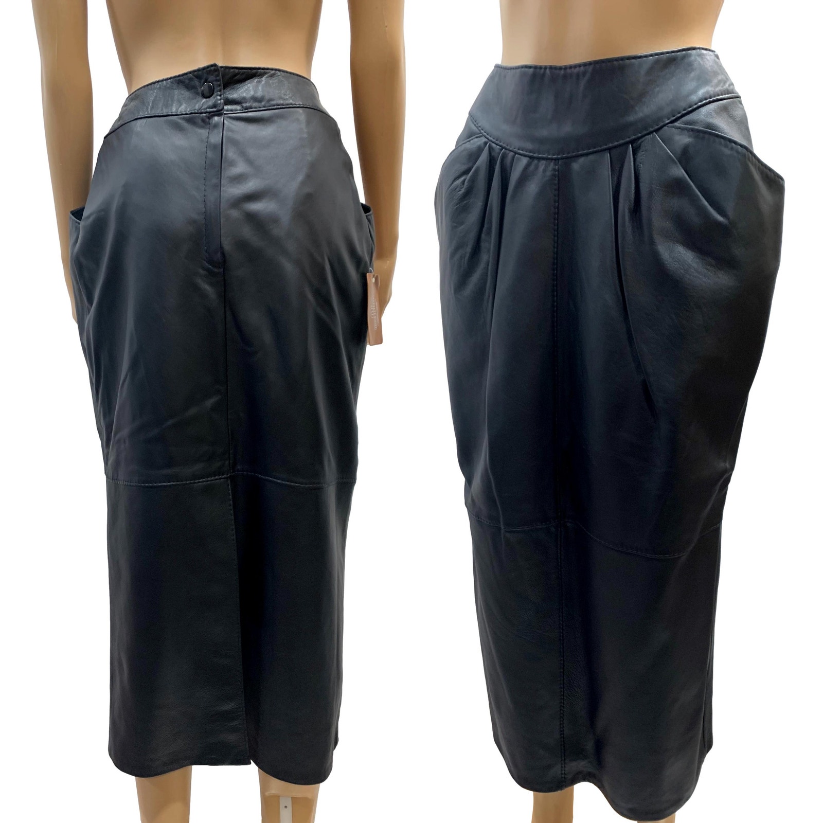 New Vintage Luxe Black Leather Straight Midi Skirt | Corset Waist | W 26"